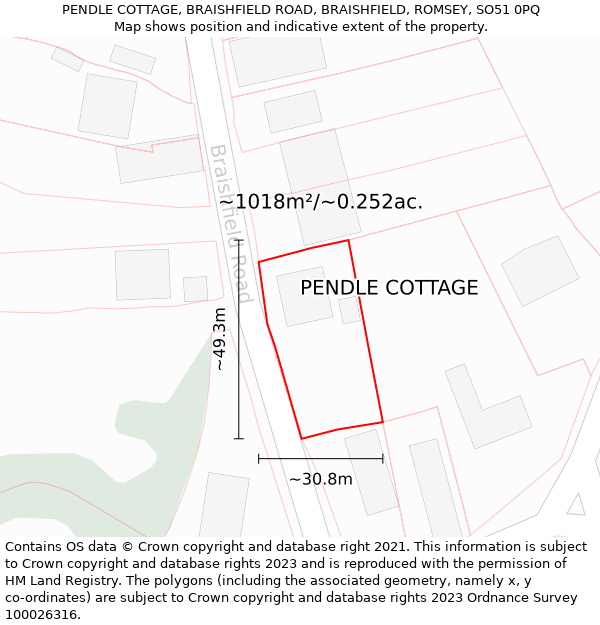 PENDLE COTTAGE, BRAISHFIELD ROAD, BRAISHFIELD, ROMSEY, SO51 0PQ: Plot and title map