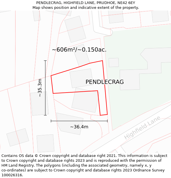 PENDLECRAG, HIGHFIELD LANE, PRUDHOE, NE42 6EY: Plot and title map