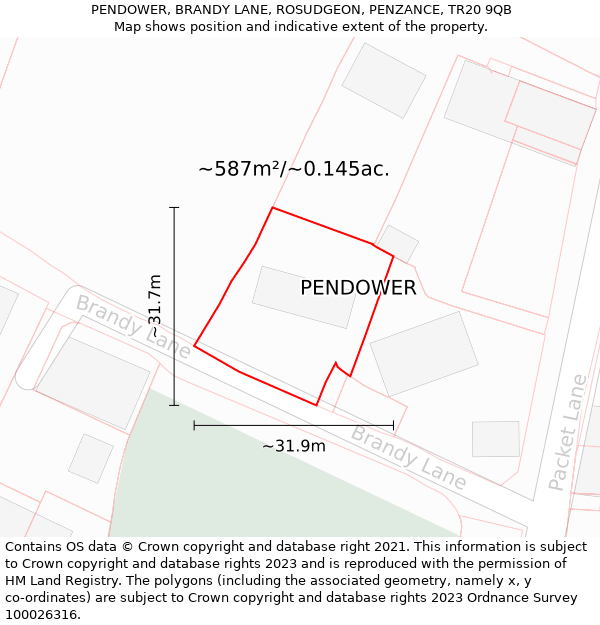 PENDOWER, BRANDY LANE, ROSUDGEON, PENZANCE, TR20 9QB: Plot and title map