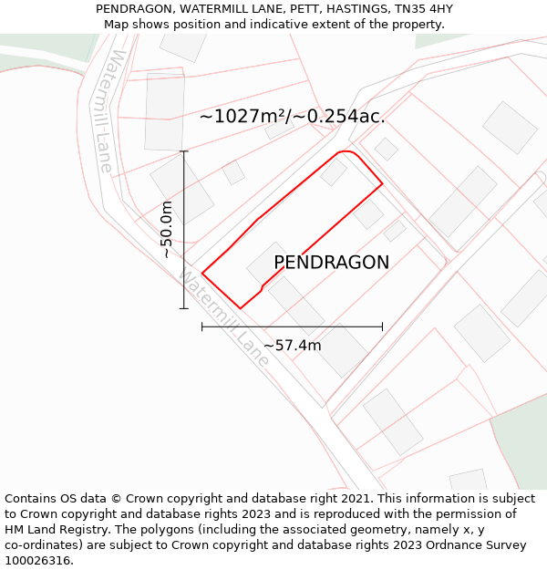 PENDRAGON, WATERMILL LANE, PETT, HASTINGS, TN35 4HY: Plot and title map