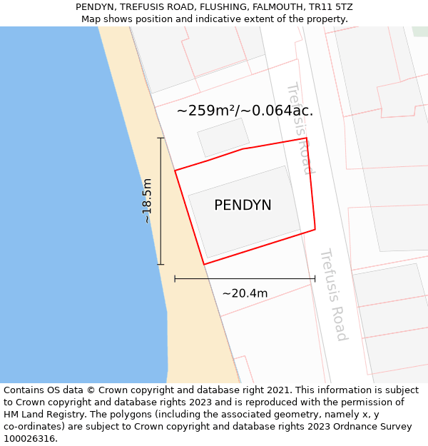 PENDYN, TREFUSIS ROAD, FLUSHING, FALMOUTH, TR11 5TZ: Plot and title map