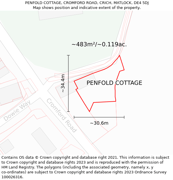 PENFOLD COTTAGE, CROMFORD ROAD, CRICH, MATLOCK, DE4 5DJ: Plot and title map