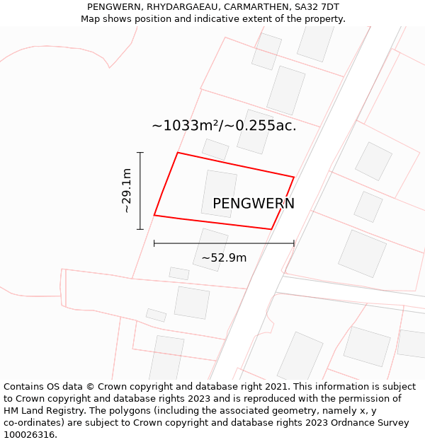 PENGWERN, RHYDARGAEAU, CARMARTHEN, SA32 7DT: Plot and title map