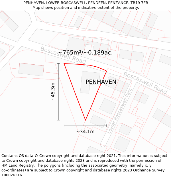 PENHAVEN, LOWER BOSCASWELL, PENDEEN, PENZANCE, TR19 7ER: Plot and title map