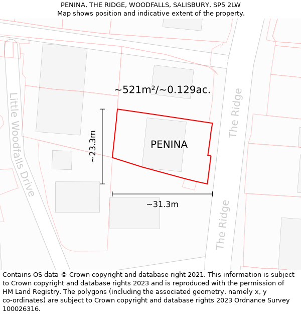 PENINA, THE RIDGE, WOODFALLS, SALISBURY, SP5 2LW: Plot and title map