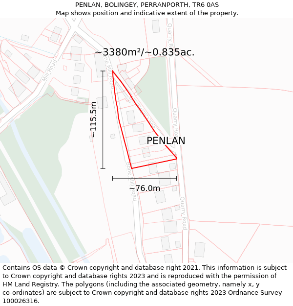 PENLAN, BOLINGEY, PERRANPORTH, TR6 0AS: Plot and title map