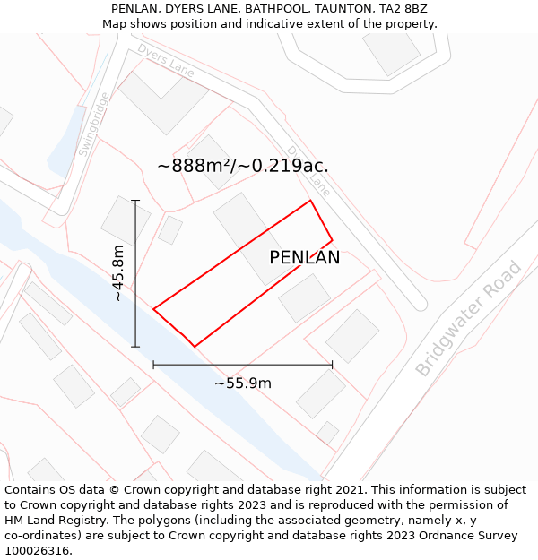 PENLAN, DYERS LANE, BATHPOOL, TAUNTON, TA2 8BZ: Plot and title map