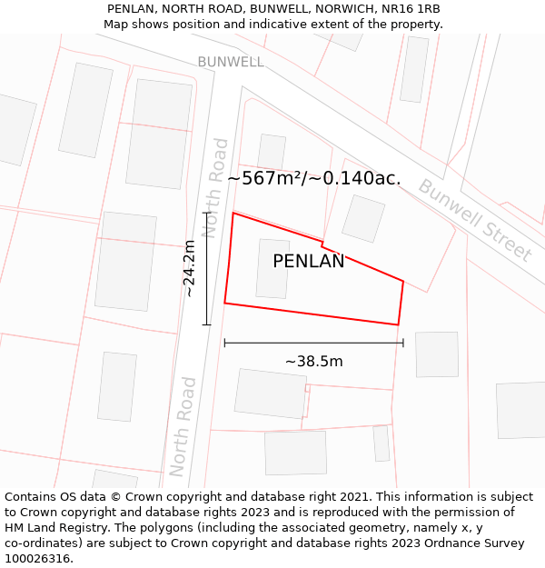 PENLAN, NORTH ROAD, BUNWELL, NORWICH, NR16 1RB: Plot and title map