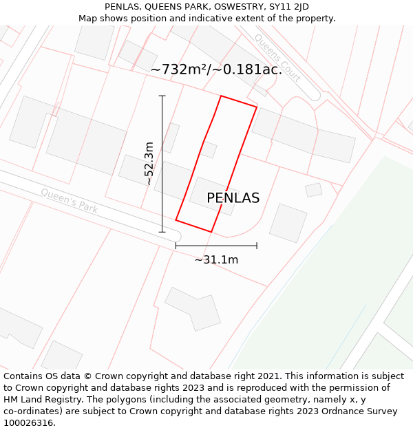 PENLAS, QUEENS PARK, OSWESTRY, SY11 2JD: Plot and title map