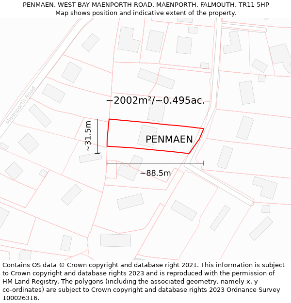 PENMAEN, WEST BAY MAENPORTH ROAD, MAENPORTH, FALMOUTH, TR11 5HP: Plot and title map