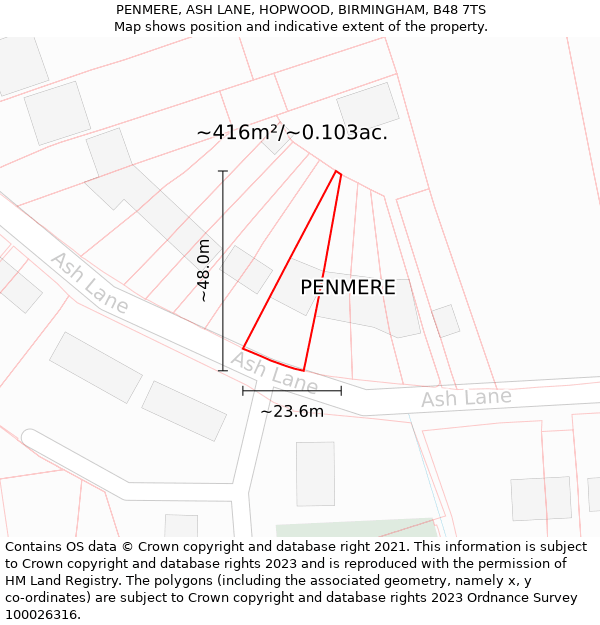 PENMERE, ASH LANE, HOPWOOD, BIRMINGHAM, B48 7TS: Plot and title map