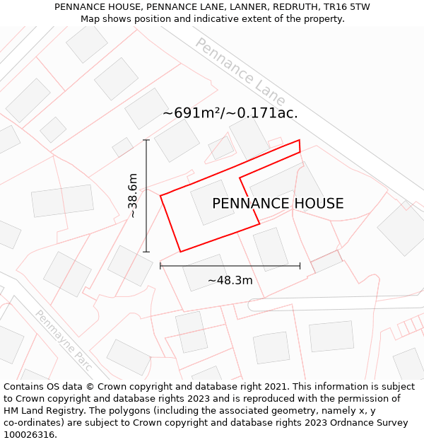 PENNANCE HOUSE, PENNANCE LANE, LANNER, REDRUTH, TR16 5TW: Plot and title map