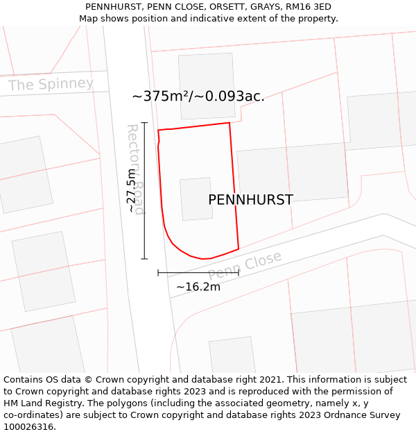 PENNHURST, PENN CLOSE, ORSETT, GRAYS, RM16 3ED: Plot and title map