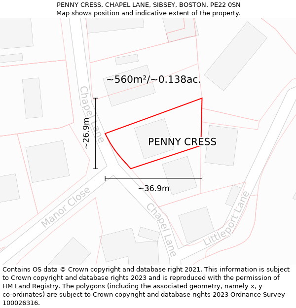 PENNY CRESS, CHAPEL LANE, SIBSEY, BOSTON, PE22 0SN: Plot and title map