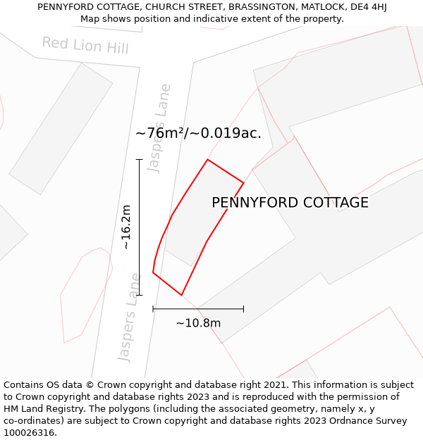 PENNYFORD COTTAGE, CHURCH STREET, BRASSINGTON, MATLOCK, DE4 4HJ: Plot and title map