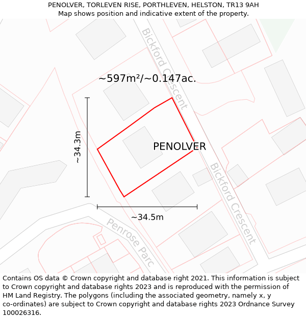 PENOLVER, TORLEVEN RISE, PORTHLEVEN, HELSTON, TR13 9AH: Plot and title map