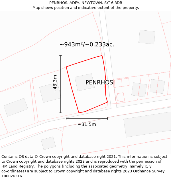 PENRHOS, ADFA, NEWTOWN, SY16 3DB: Plot and title map