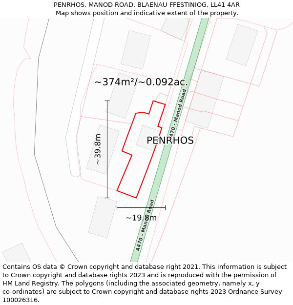 PENRHOS, MANOD ROAD, BLAENAU FFESTINIOG, LL41 4AR: Plot and title map