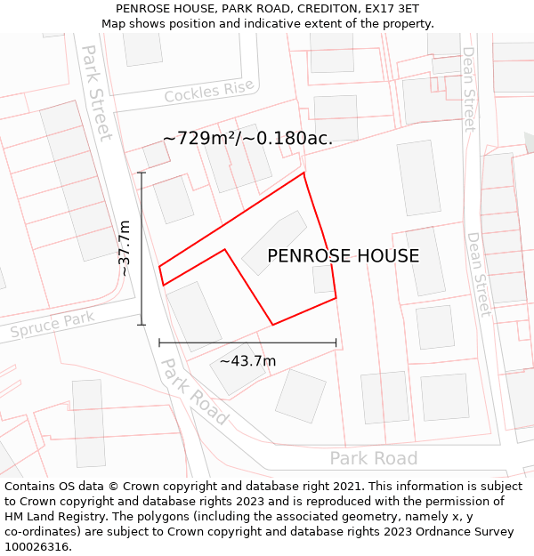 PENROSE HOUSE, PARK ROAD, CREDITON, EX17 3ET: Plot and title map