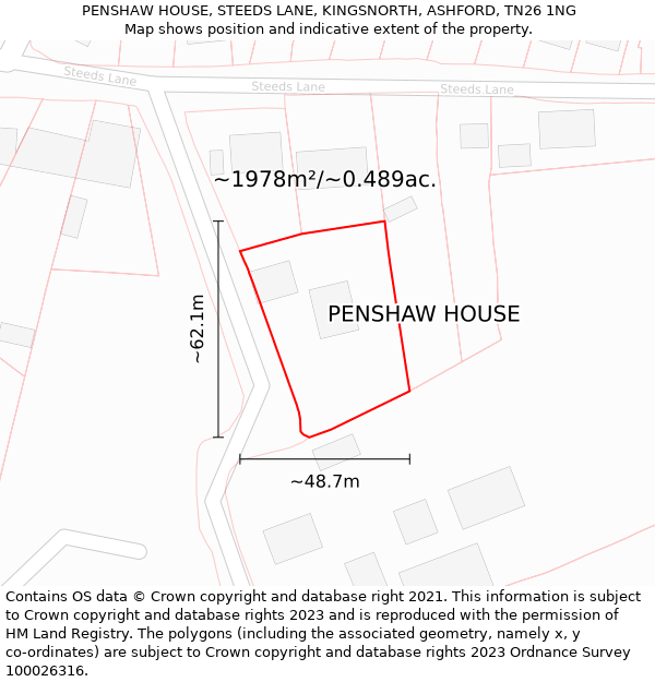 PENSHAW HOUSE, STEEDS LANE, KINGSNORTH, ASHFORD, TN26 1NG: Plot and title map