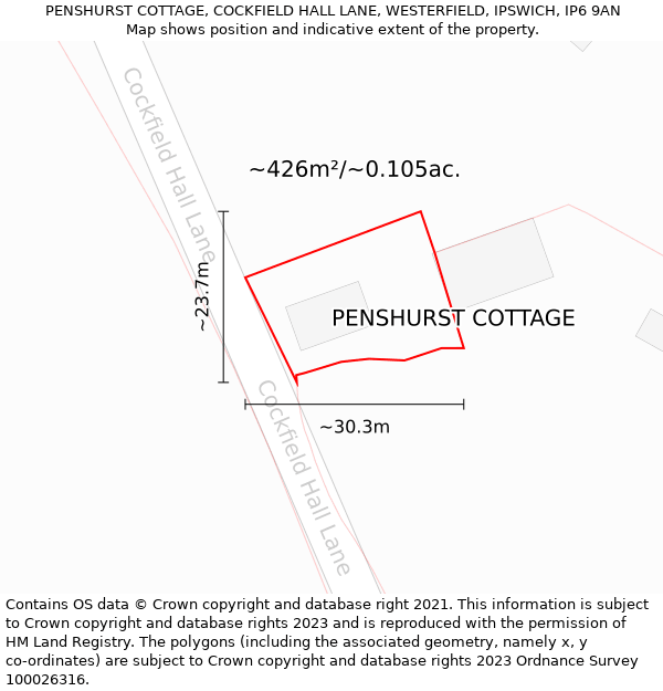 PENSHURST COTTAGE, COCKFIELD HALL LANE, WESTERFIELD, IPSWICH, IP6 9AN: Plot and title map