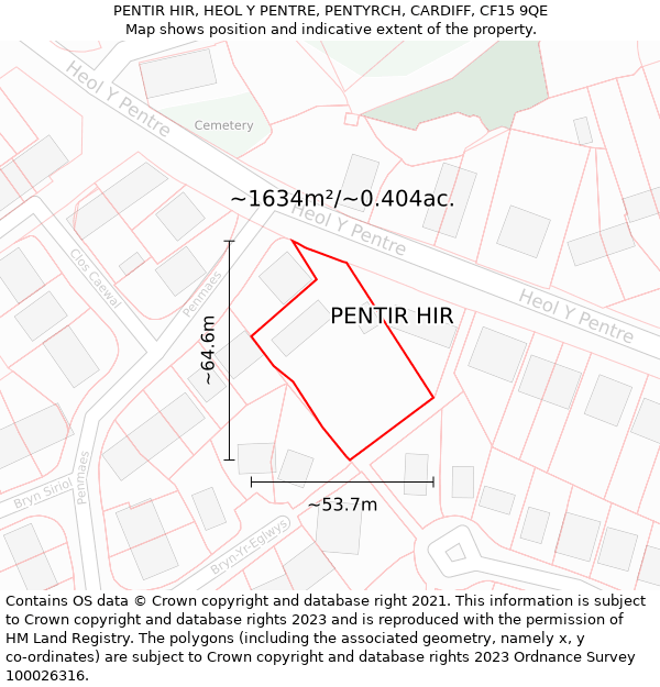 PENTIR HIR, HEOL Y PENTRE, PENTYRCH, CARDIFF, CF15 9QE: Plot and title map