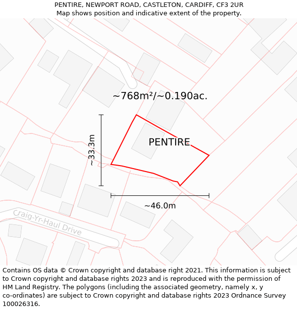 PENTIRE, NEWPORT ROAD, CASTLETON, CARDIFF, CF3 2UR: Plot and title map