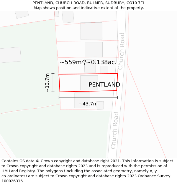 PENTLAND, CHURCH ROAD, BULMER, SUDBURY, CO10 7EL: Plot and title map