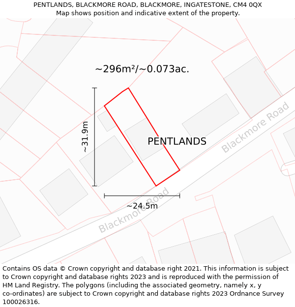 PENTLANDS, BLACKMORE ROAD, BLACKMORE, INGATESTONE, CM4 0QX: Plot and title map