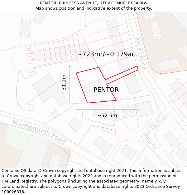 PENTOR, PRINCESS AVENUE, ILFRACOMBE, EX34 9LW: Plot and title map