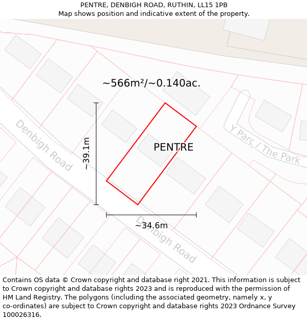 PENTRE, DENBIGH ROAD, RUTHIN, LL15 1PB: Plot and title map