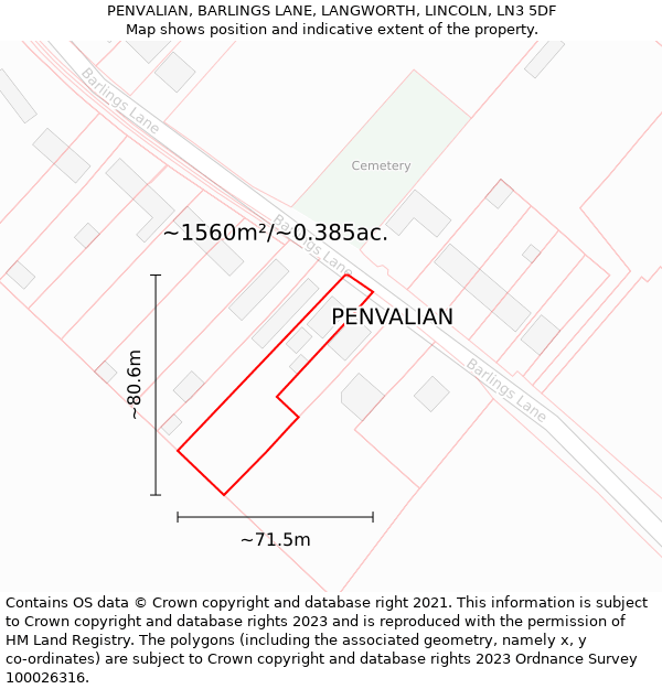 PENVALIAN, BARLINGS LANE, LANGWORTH, LINCOLN, LN3 5DF: Plot and title map