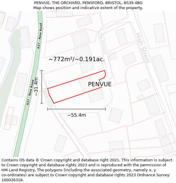 PENVUE, THE ORCHARD, PENSFORD, BRISTOL, BS39 4BG: Plot and title map