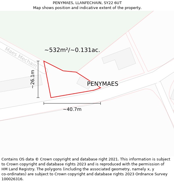 PENYMAES, LLANFECHAIN, SY22 6UT: Plot and title map