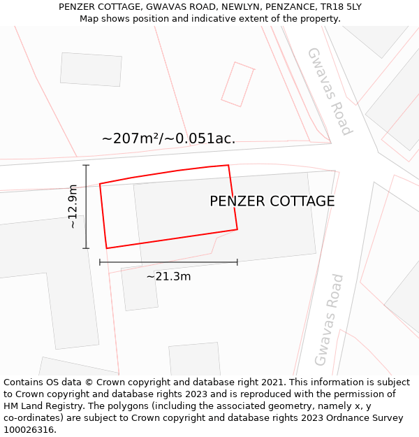 PENZER COTTAGE, GWAVAS ROAD, NEWLYN, PENZANCE, TR18 5LY: Plot and title map