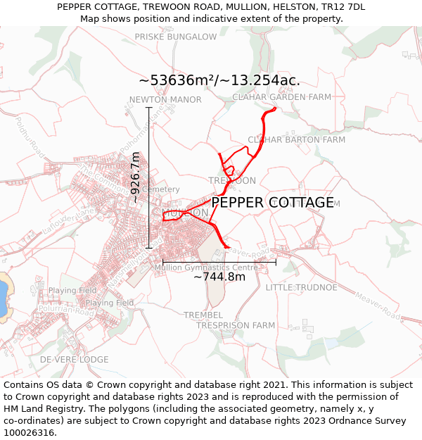 PEPPER COTTAGE, TREWOON ROAD, MULLION, HELSTON, TR12 7DL: Plot and title map