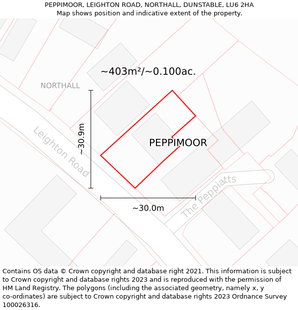 PEPPIMOOR, LEIGHTON ROAD, NORTHALL, DUNSTABLE, LU6 2HA: Plot and title map