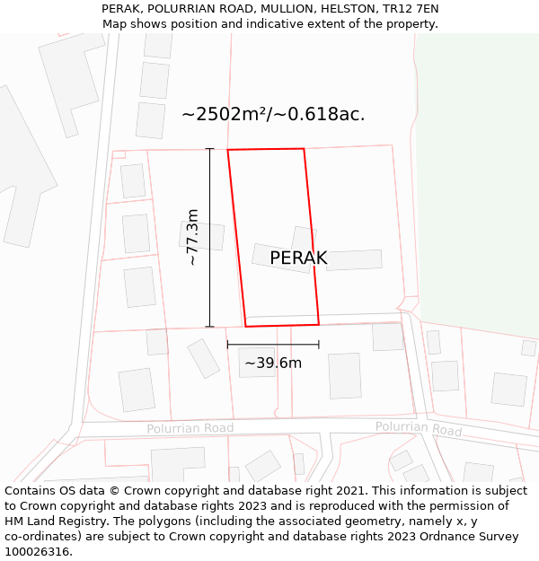 PERAK, POLURRIAN ROAD, MULLION, HELSTON, TR12 7EN: Plot and title map