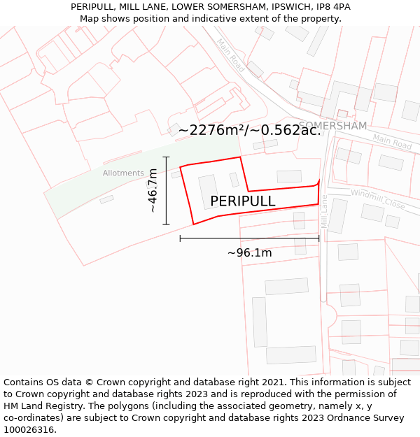 PERIPULL, MILL LANE, LOWER SOMERSHAM, IPSWICH, IP8 4PA: Plot and title map