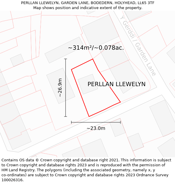 PERLLAN LLEWELYN, GARDEN LANE, BODEDERN, HOLYHEAD, LL65 3TF: Plot and title map