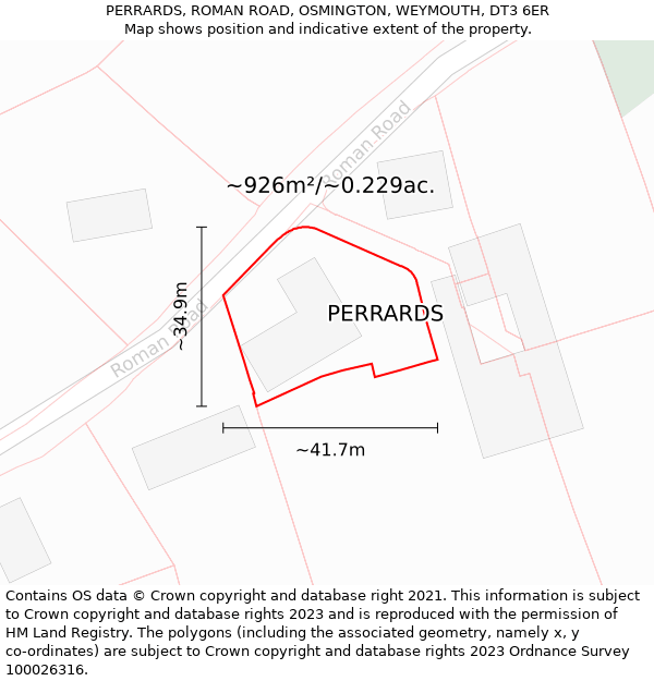 PERRARDS, ROMAN ROAD, OSMINGTON, WEYMOUTH, DT3 6ER: Plot and title map