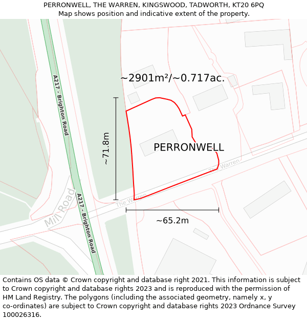 PERRONWELL, THE WARREN, KINGSWOOD, TADWORTH, KT20 6PQ: Plot and title map