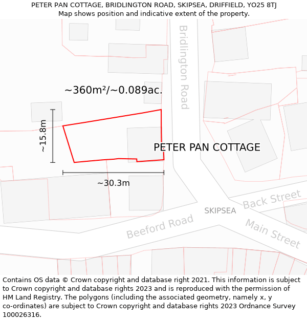 PETER PAN COTTAGE, BRIDLINGTON ROAD, SKIPSEA, DRIFFIELD, YO25 8TJ: Plot and title map