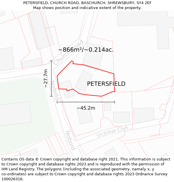 PETERSFIELD, CHURCH ROAD, BASCHURCH, SHREWSBURY, SY4 2EF: Plot and title map