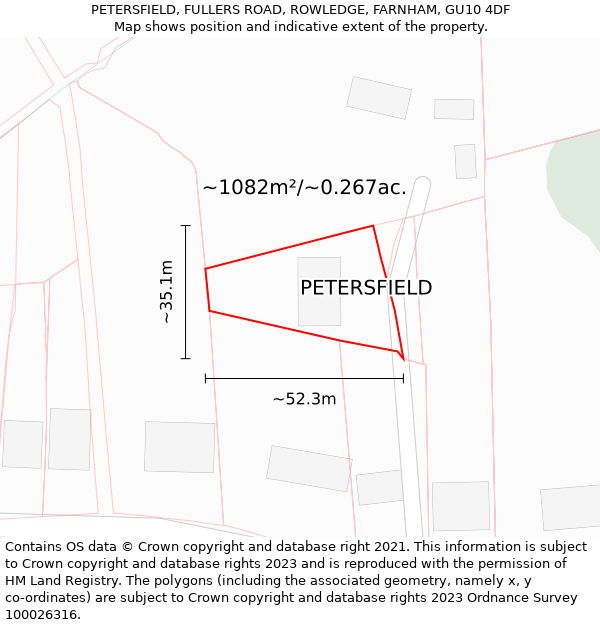 PETERSFIELD, FULLERS ROAD, ROWLEDGE, FARNHAM, GU10 4DF: Plot and title map