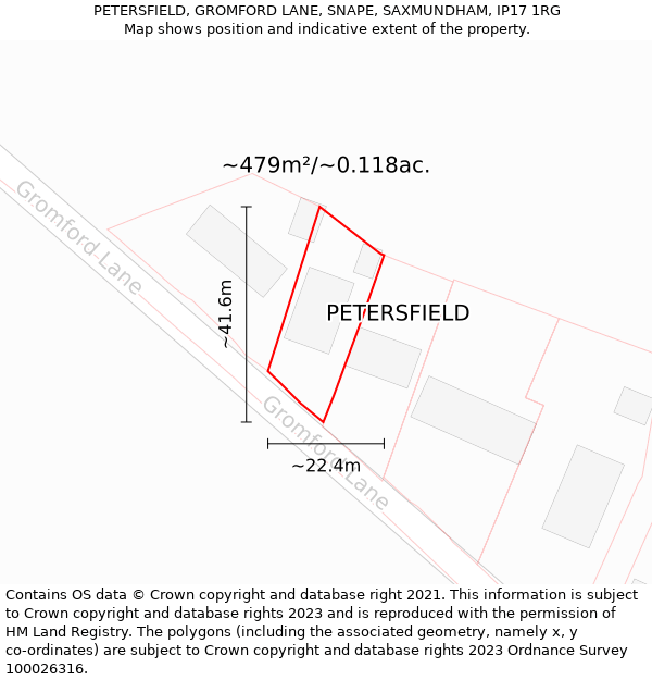 PETERSFIELD, GROMFORD LANE, SNAPE, SAXMUNDHAM, IP17 1RG: Plot and title map