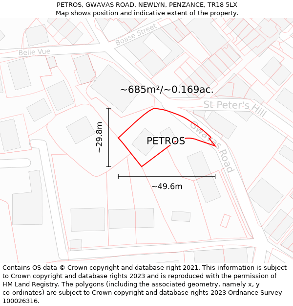 PETROS, GWAVAS ROAD, NEWLYN, PENZANCE, TR18 5LX: Plot and title map