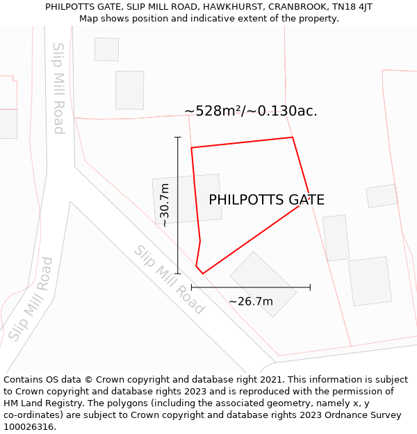 PHILPOTTS GATE, SLIP MILL ROAD, HAWKHURST, CRANBROOK, TN18 4JT: Plot and title map