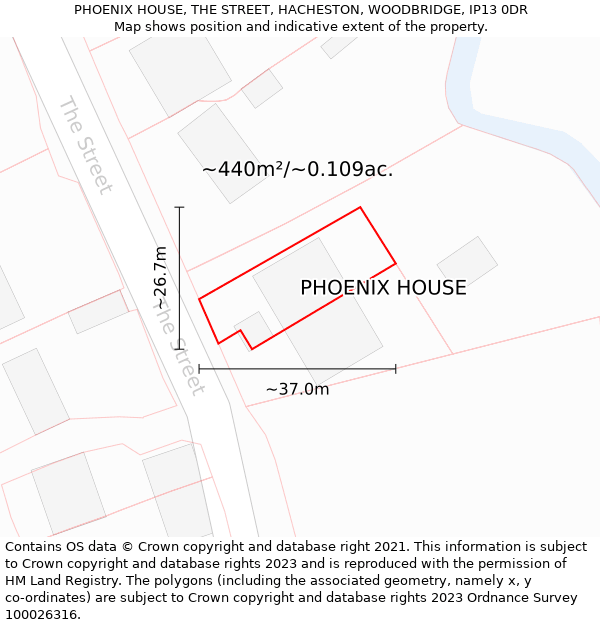 PHOENIX HOUSE, THE STREET, HACHESTON, WOODBRIDGE, IP13 0DR: Plot and title map