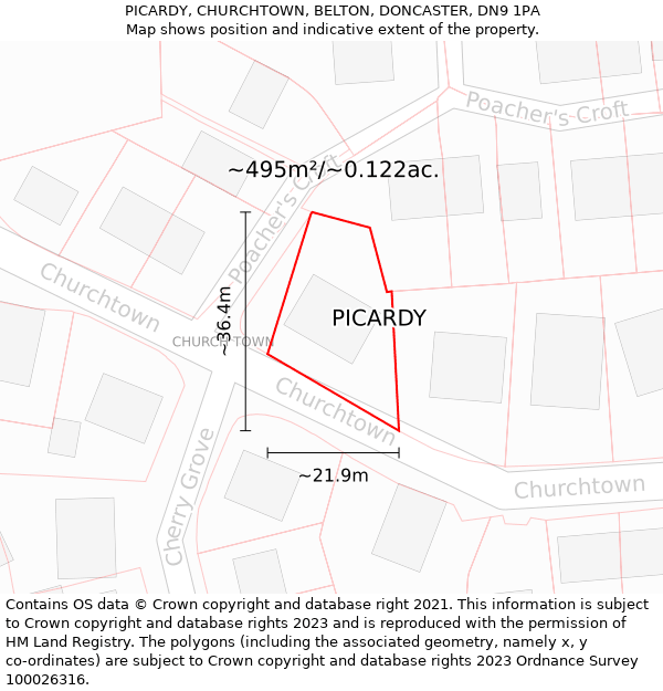 PICARDY, CHURCHTOWN, BELTON, DONCASTER, DN9 1PA: Plot and title map